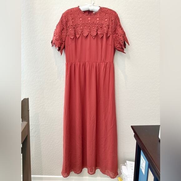 ROOLEE | Fiona Rust Red Crochet Lace Maxi Dress Boho Modest Style | Large - Picture 2 of 8